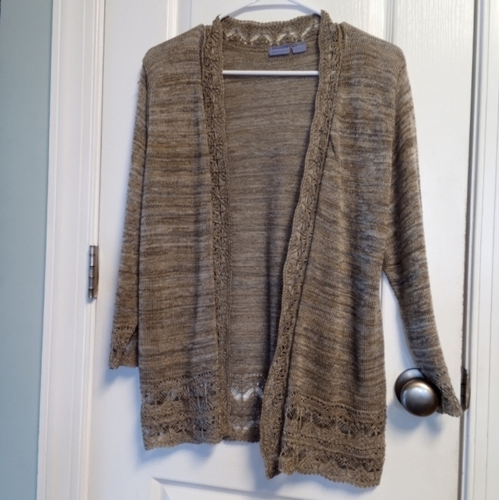 Laura Scott Vintage Women's Tan Cardigan Sweater L Trimmed In Lace Office Dressy